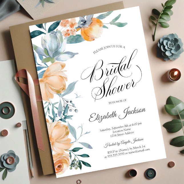 Invitación Naranja de acuarela Flores azul turquesa ducha de  (Subido por el creador)