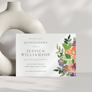 Invitación Naranja de acuarela minimalista Floral QUINCEAÑERA
