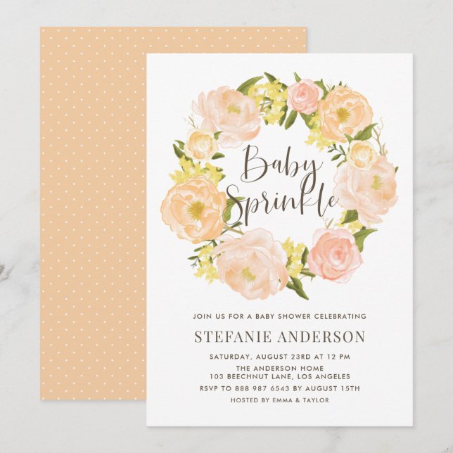 Invitación Naranja de acuarela Peony Wreath Baby Sprinkle (Anverso / Reverso)