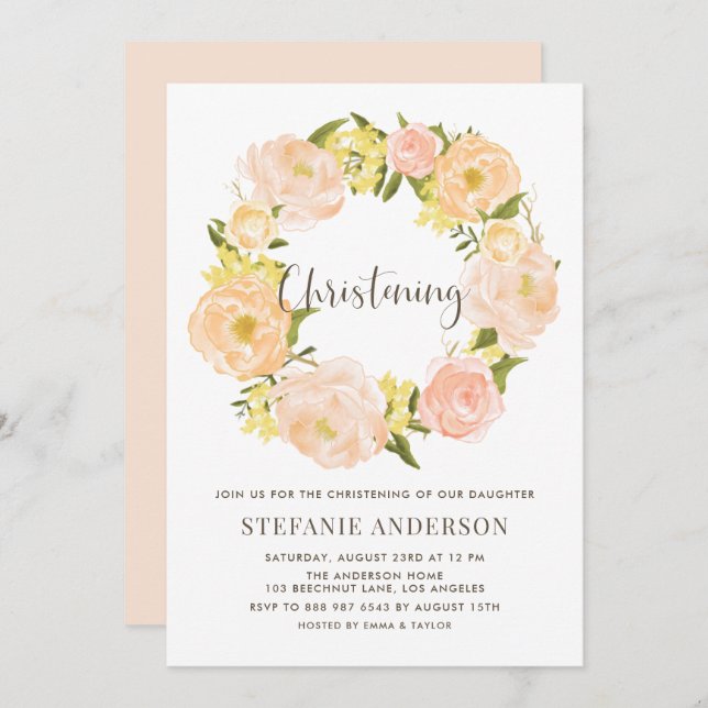 Invitación Naranja de acuarela Peony Wreath Christening (Anverso / Reverso)