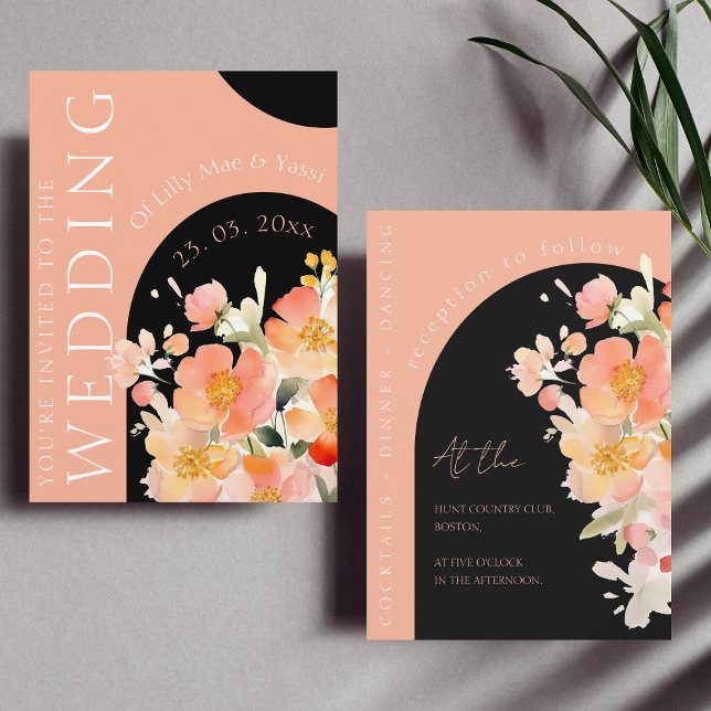 Invitación Naranja de Arco Moderno Peach y Boda Floral Negra (Subido por el creador)