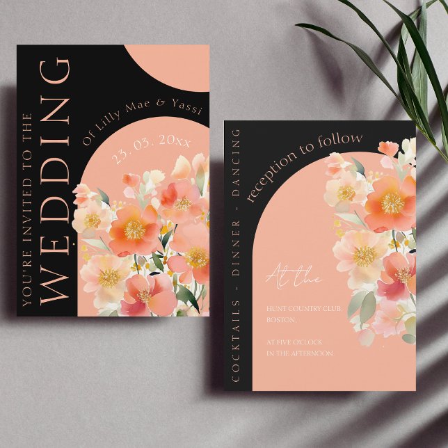 Invitación Naranja de Arco Moderno Peach y Boda Floral Negra (Subido por el creador)