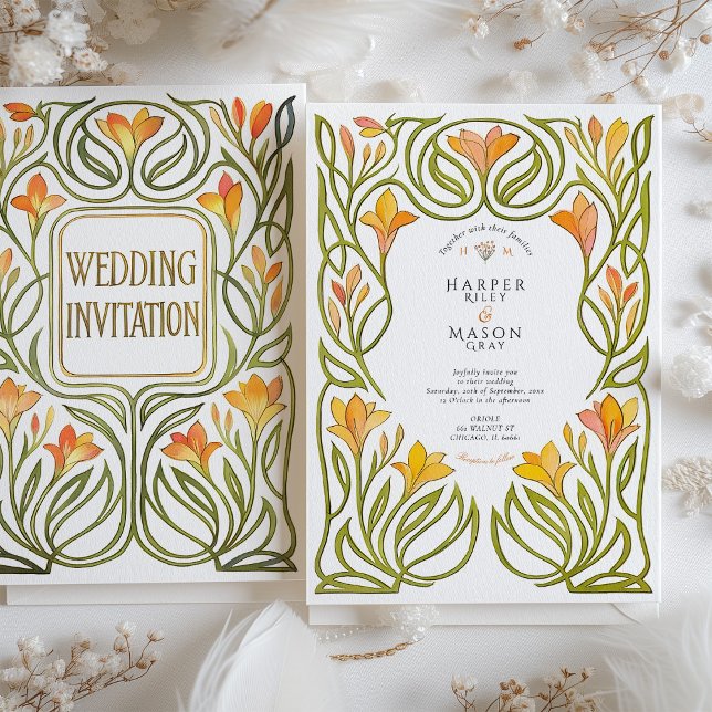 Invitación Naranja de Art Nouveau artístico Boda Lily (Subido por el creador)