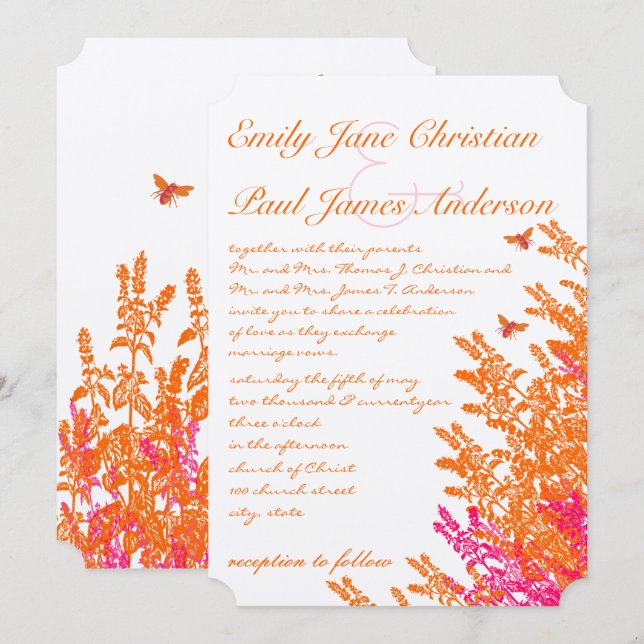 Invitación Naranja de atardecer italiano Boda de abejas con f (Anverso / Reverso)