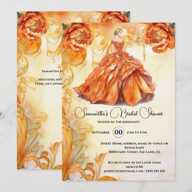 Invitación Naranja de baile peony flor novia para ser (Anverso / Reverso)