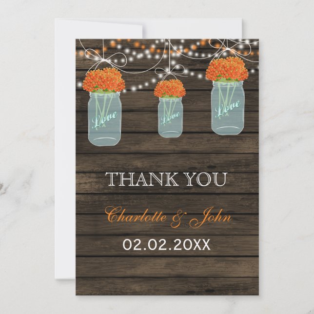 Invitación Naranja de Barnwood mason jars Gracias (Anverso)
