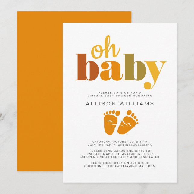 Invitación Naranja de bebé virtual tipografía verde (Anverso / Reverso)