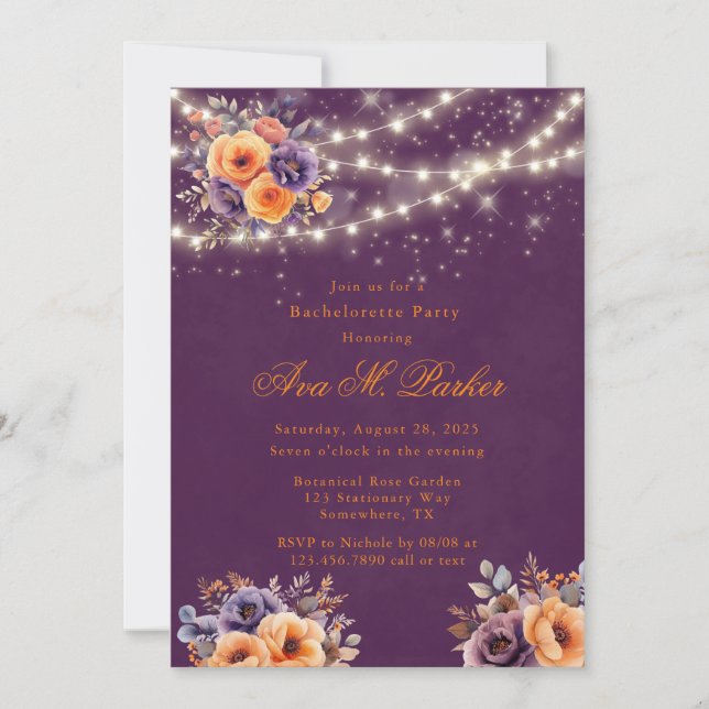 Invitación Naranja de berenjena Floral Luces Bachelorette (Anverso)