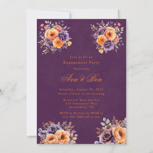 Invitación Naranja de berenjenas Floral Elegant Engagement Pa (Anverso)