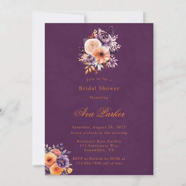 Invitación Naranja de berenjenas Floral Elegante Ducha Bridal (Anverso)