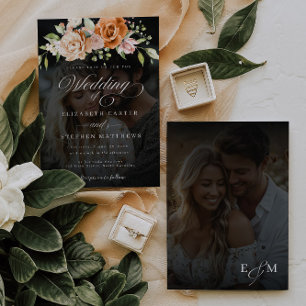 Invitación Naranja de Boda de fotografía floral y rosa Rubor