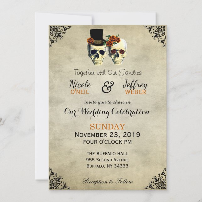 Invitación Naranja de Boda Rústico del Gótico de cráneo de no (Anverso)