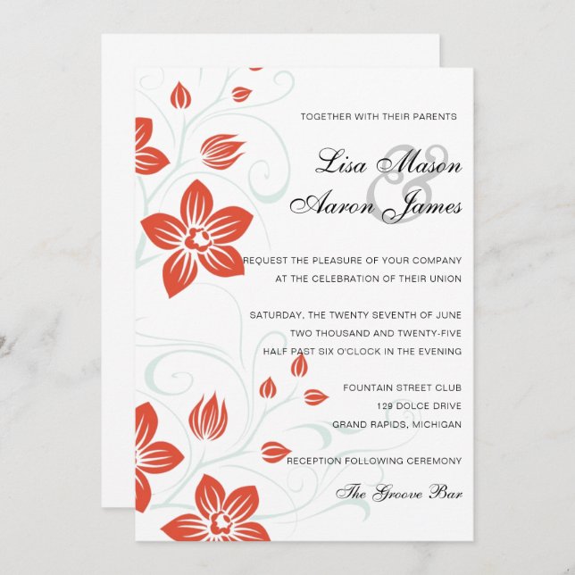Invitación Naranja de bodas en el jardín y Boda floral azul (Anverso / Reverso)