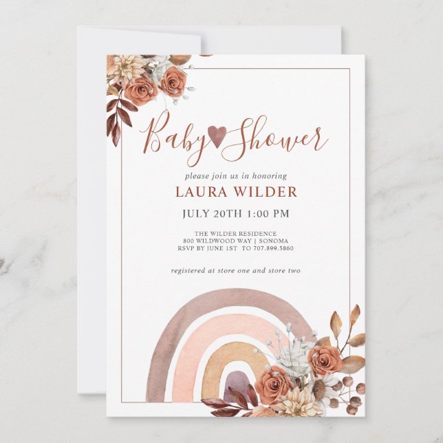 Invitación Naranja de Boho Rainbow Terracotta quemada en Baby (Anverso)