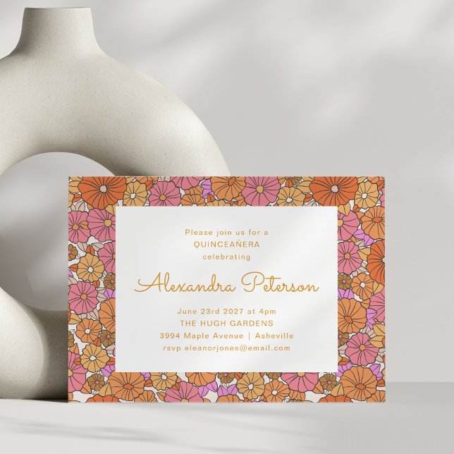 Invitación Naranja de borde floral retro rosa Quinceañera (Subido por el creador)