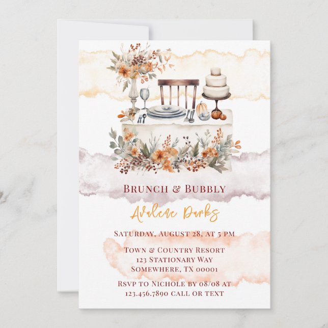 Invitación Naranja de Borgoña Caída Mesa Floral Brunch & Bubb (Anverso)