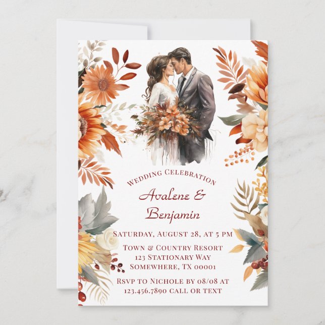 Invitación Naranja de Borgoña  Floral Bride & Groom Boda (Anverso)