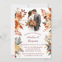 Invitación Naranja de Borgoña  Floral Bride & Groom Boda