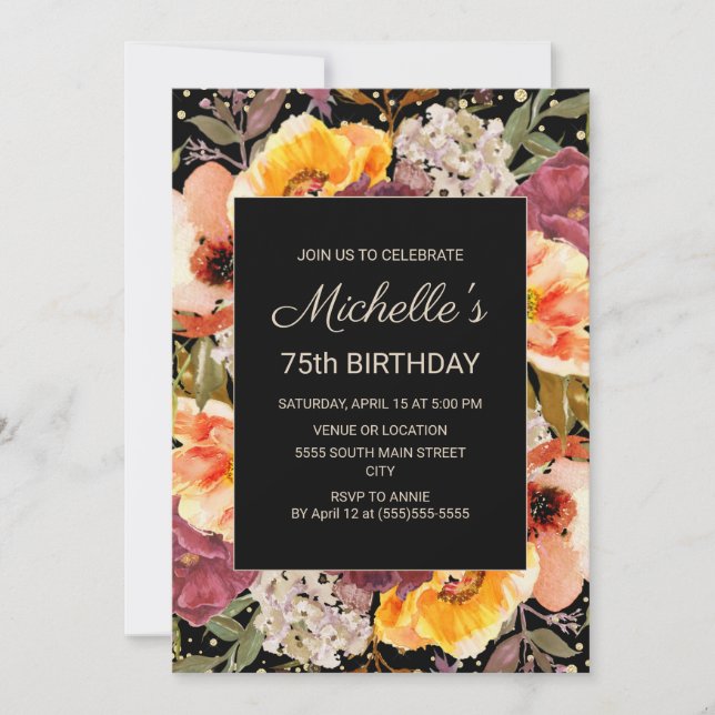 Invitación Naranja de Borgoña Floral Gold Black 75 cumpleaños (Anverso)
