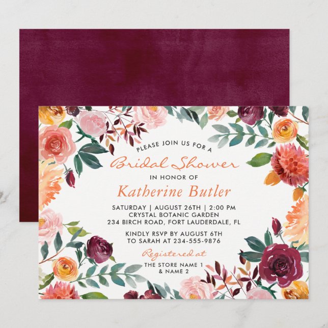 Invitación Naranja de Borgoña Flores Rosa Caen Ducha Bridal (Anverso / Reverso)
