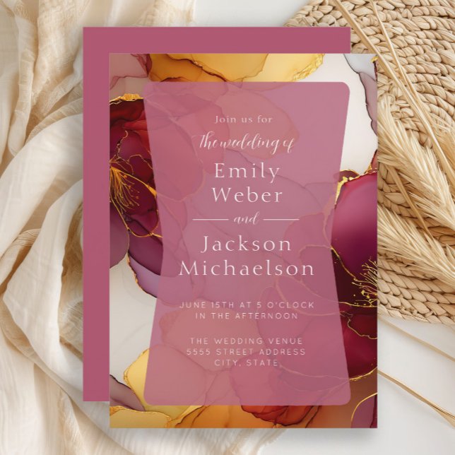 Invitación Naranja de Borgoña Jewel Tone Boda de tinta de alc (Burgundy and orange  alcohol ink wedding invitation)