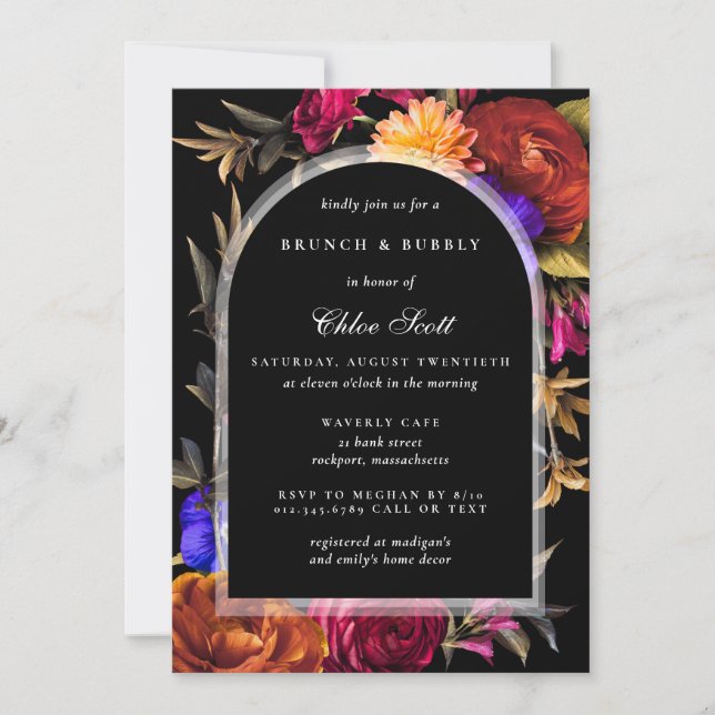 Invitación Naranja de Borgoña Morado Cae Bridal Brunch & Bubb (Anverso)