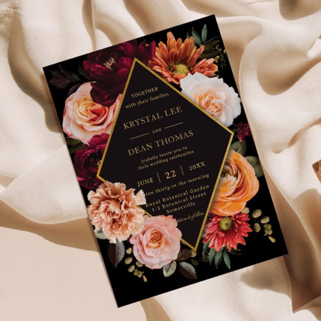 Invitación Naranja de Borgoña Oscuro Moody Boda floral (Subido por el creador)