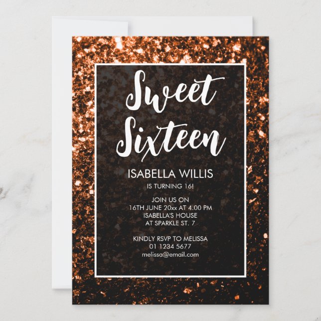 Invitación Naranja de bronce chispa Sweet 16 guión elegante (Anverso)