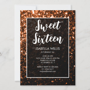 Invitación Naranja de bronce chispa Sweet 16 guión elegante