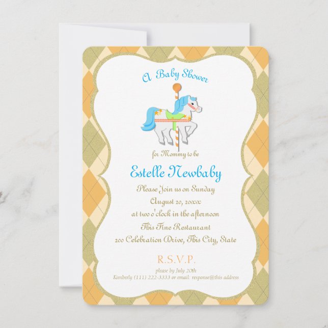 Invitación Naranja de caballo carrusel Baby Shower neutral de (Anverso)