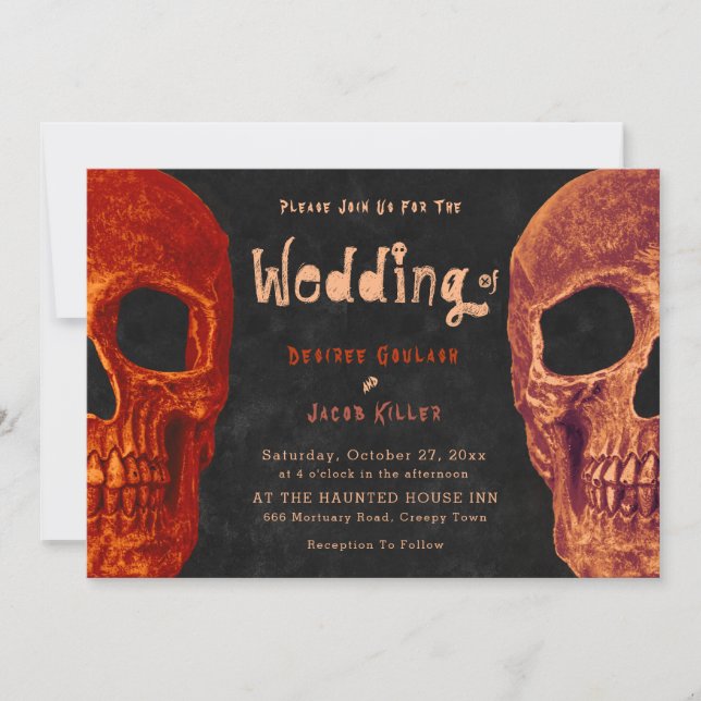 Invitación Naranja de cabeza gótica de cráneo negro Boda de H (Anverso)