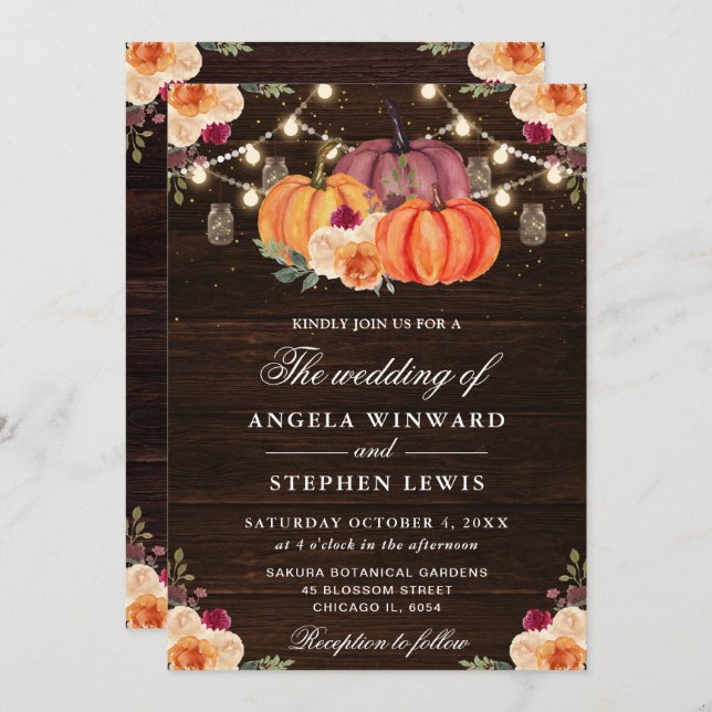 Invitación Naranja de caída rusa calabazas Boda floral (Anverso / Reverso)
