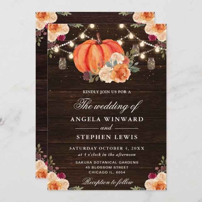 Invitación Naranja de caída rusa calabazas Boda floral (Anverso / Reverso)