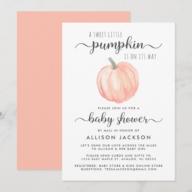 Invitación Naranja de calabaza de Baby Shower por correo (Anverso / Reverso)