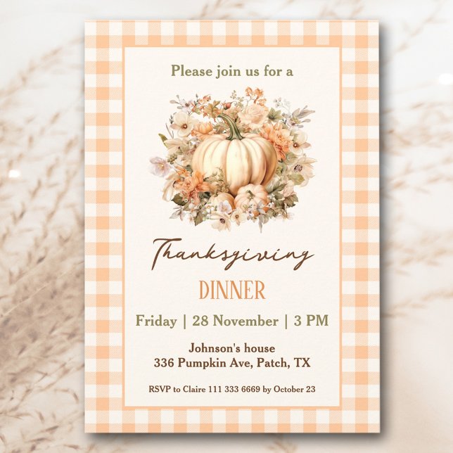 Invitación Naranja de calabaza de la cena de Acción de Gracia (Thanksgiving Dinner Pumpkin Orange Gingham Invitation)