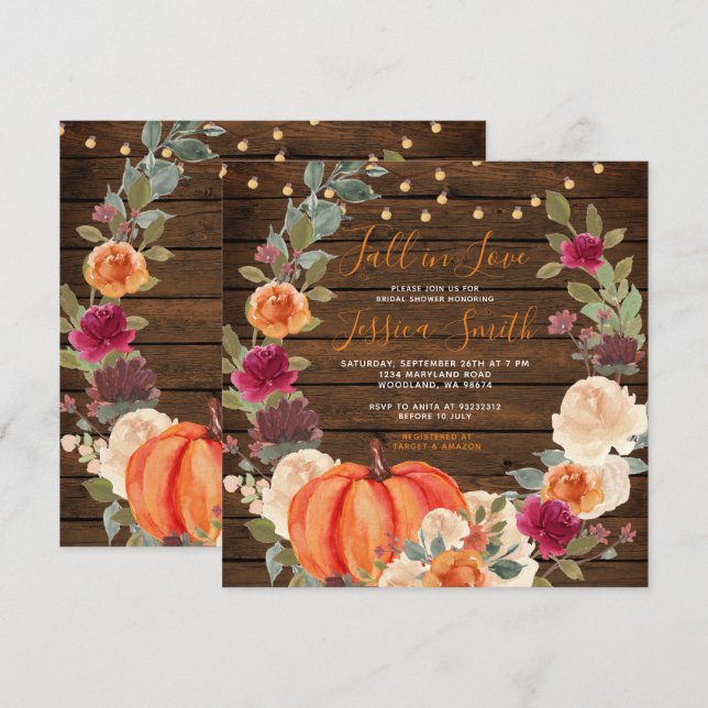 Invitación Naranja de calabaza de madera se enamora ducha de  (Anverso / Reverso)