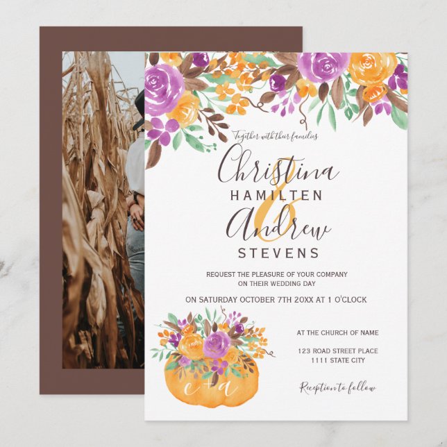 Invitación naranja de calabaza floral de otoño boda fotográfi (Anverso / Reverso)