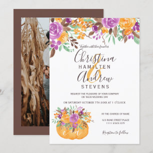Invitación naranja de calabaza floral de otoño boda fotográfi