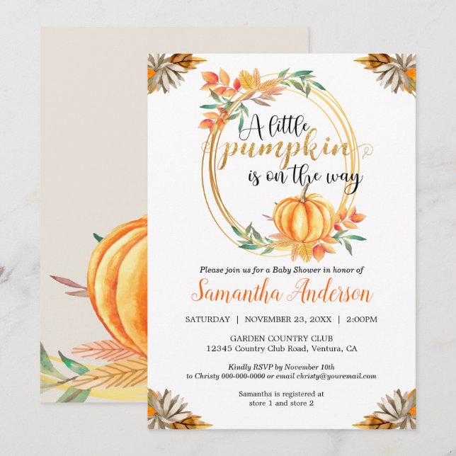 Invitación Naranja de calabaza pequeña Baby Shower Cae hojas (Anverso / Reverso)