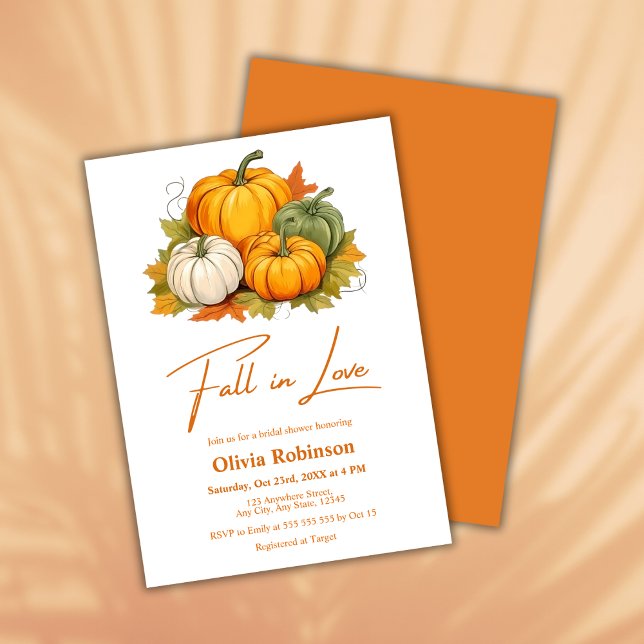 Invitación Naranja de calabaza rusa se enamora ducha de novia (Fall in Love Autumn Rustic Pumpkin Bridal Shower Invitation  )