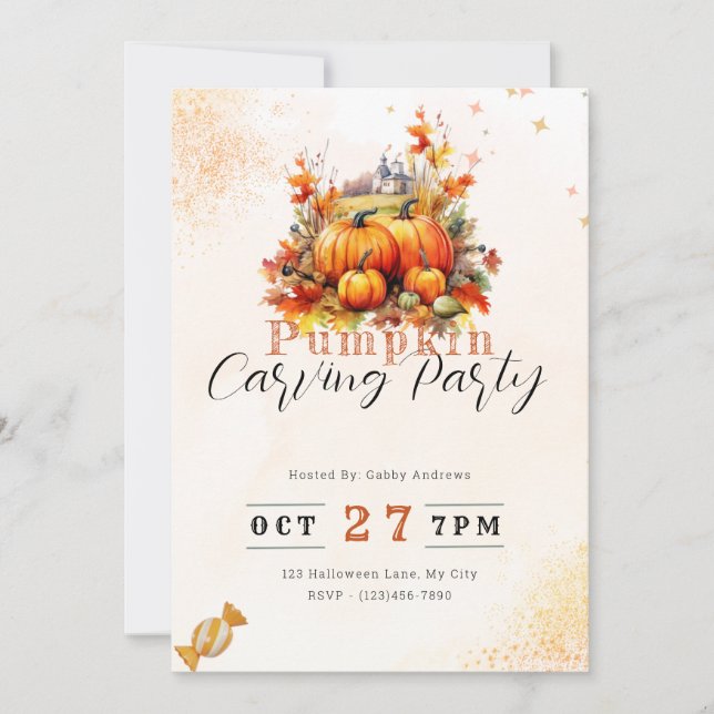 Invitación Naranja de calabazas de campo Fiesta de calabaza t (Anverso)