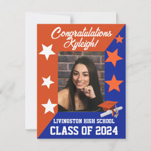 Invitación Naranja de Cap & Stars y Graduación Real Azul