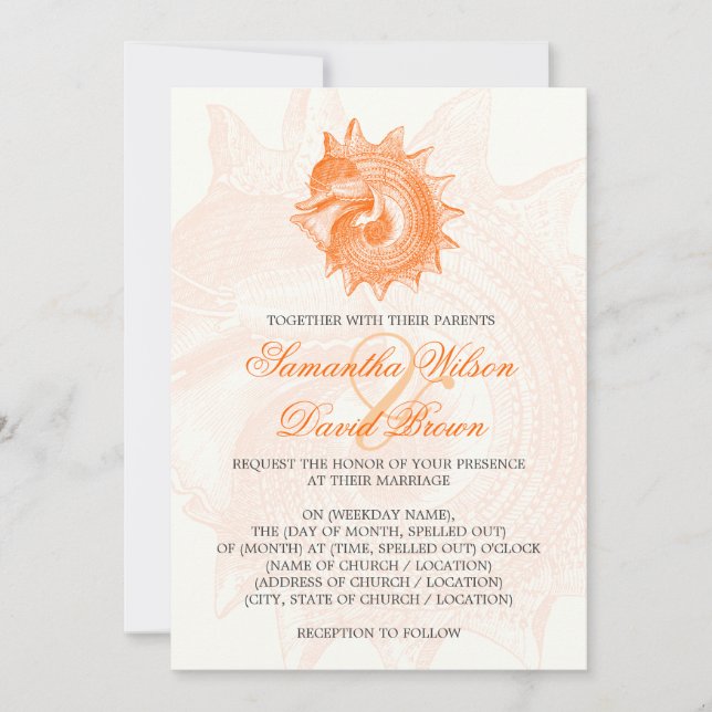 Invitación Naranja de casamiento de bodas de bodas de molusco (Anverso)