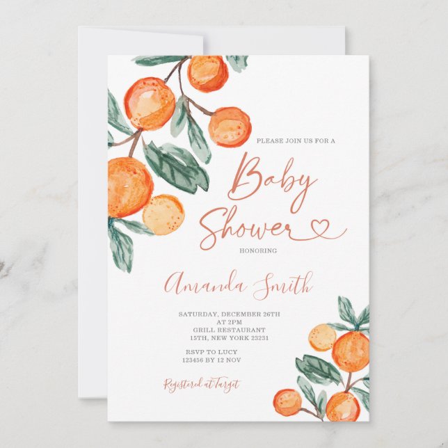Invitación Naranja de cítricos bebé en flor Baby Shower de ve (Anverso)