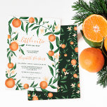 Invitación Naranja de cítricos botánicos pequeña ducha de beb<br><div class="desc">Naranja de cítricos botánicos pequeña invitación a la ducha de bebé con naranjas, clementines cítricos ilustracion, ramas verdes y hojas con flores blancas y un moderno cepillo de guiones. Perfecta ducha neutra de género para la temporada de cítricos de invierno, primavera y verano. Con un patrón botánico de cítricos de...</div>