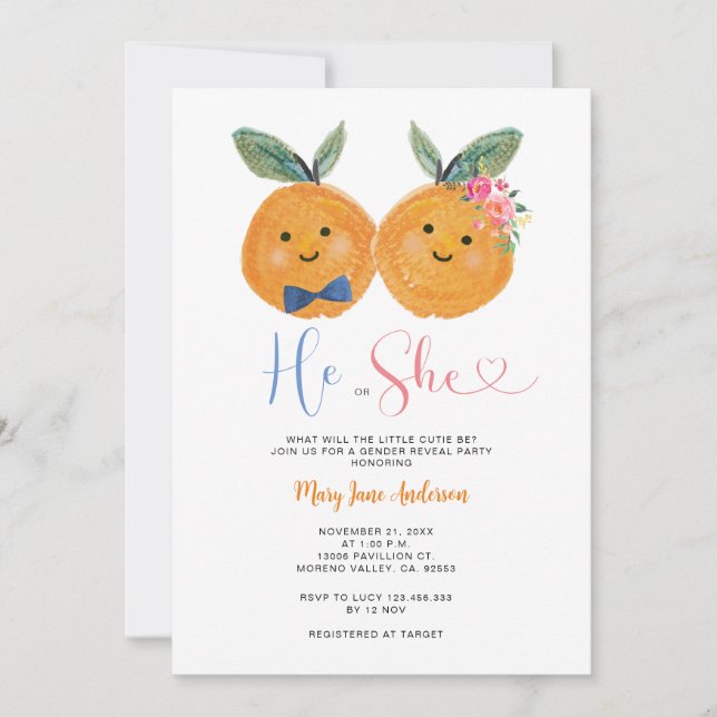 Invitación Naranja de cítricos Revelación de género floral ro (Anverso)