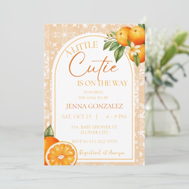 Invitación Naranja de Citrus Cutie Botánico Baby Shower (Anverso de pie)
