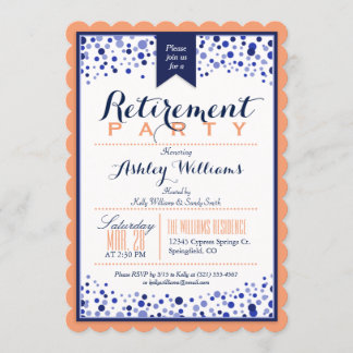 Invitación Naranja de coral, blanco, Fiesta de Jubilación Azu