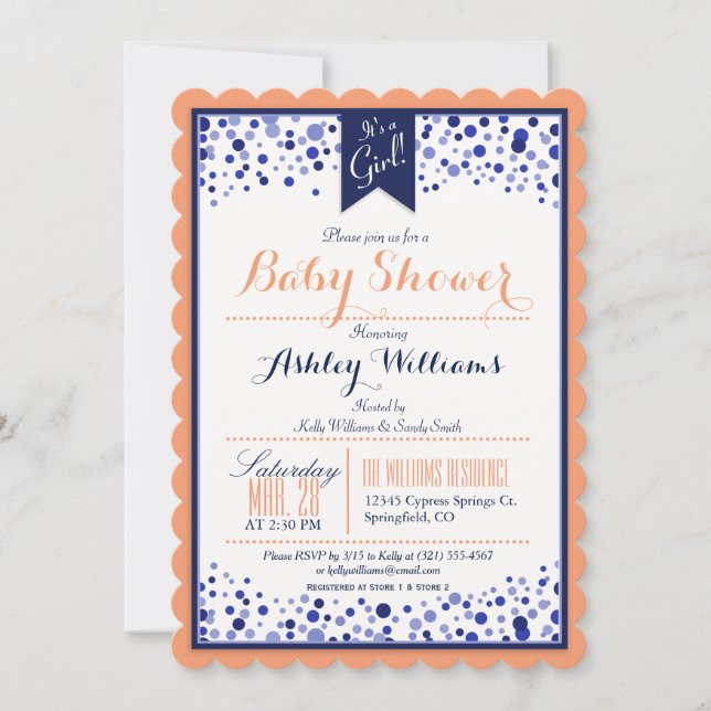 Invitación Naranja de coral, blanco y azul marino Baby Shower (Anverso)