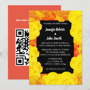 Invitación Naranja de coral Boda de código QR floral amarillo